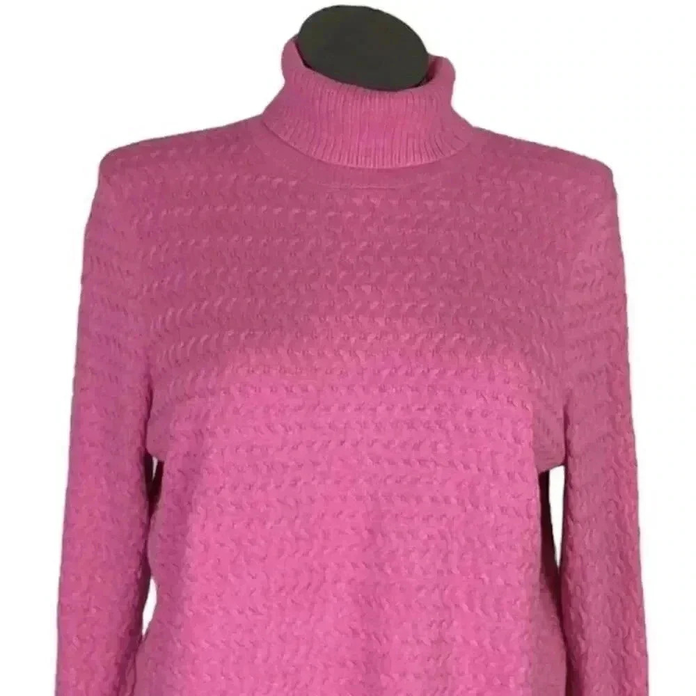 Lands End Sweater Women 18 Pink Cotton Cable Knit Turtleneck Long Sleeve - Picture 2 of 5